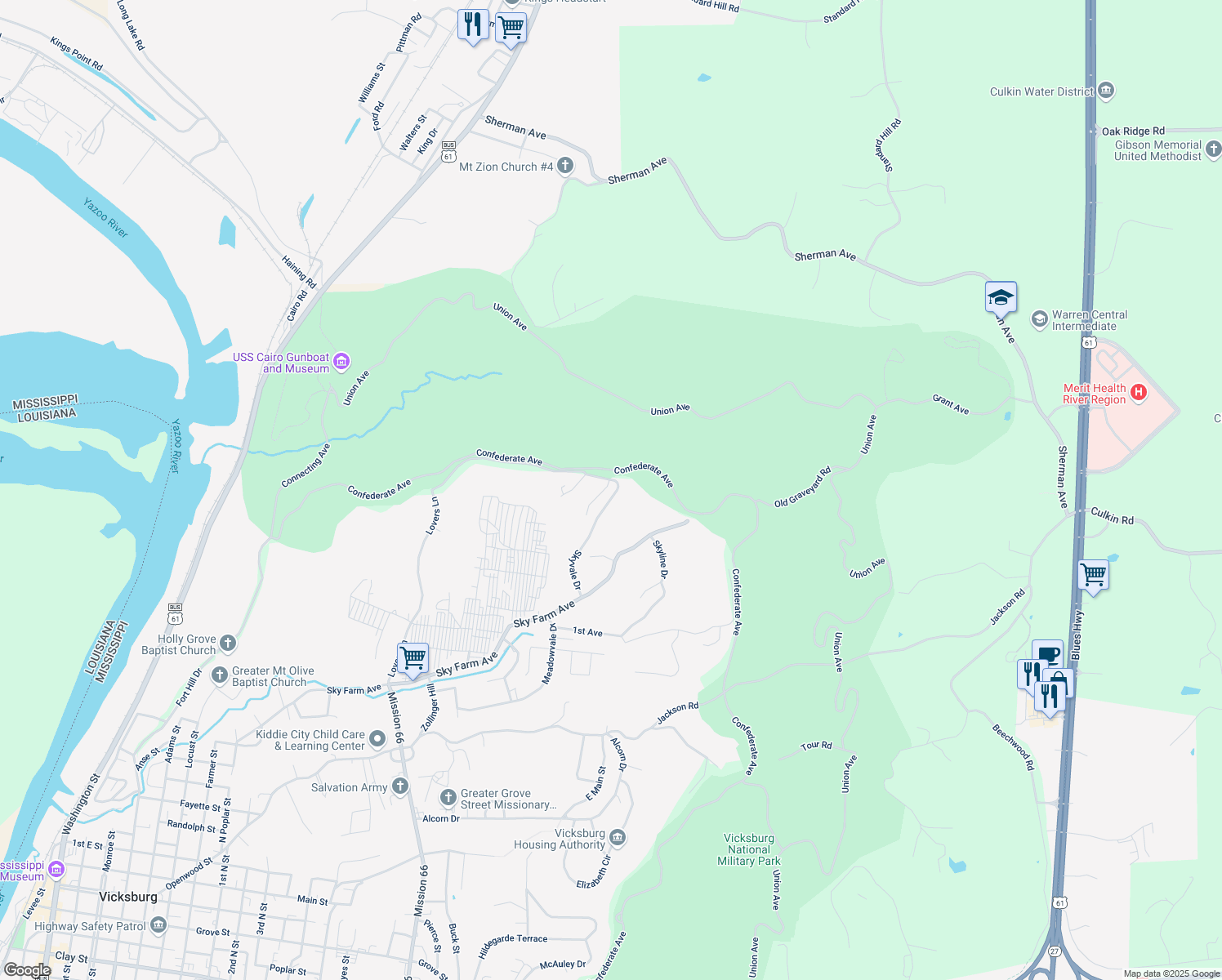 map of restaurants, bars, coffee shops, grocery stores, and more near 249 Skyvale Drive in Vicksburg