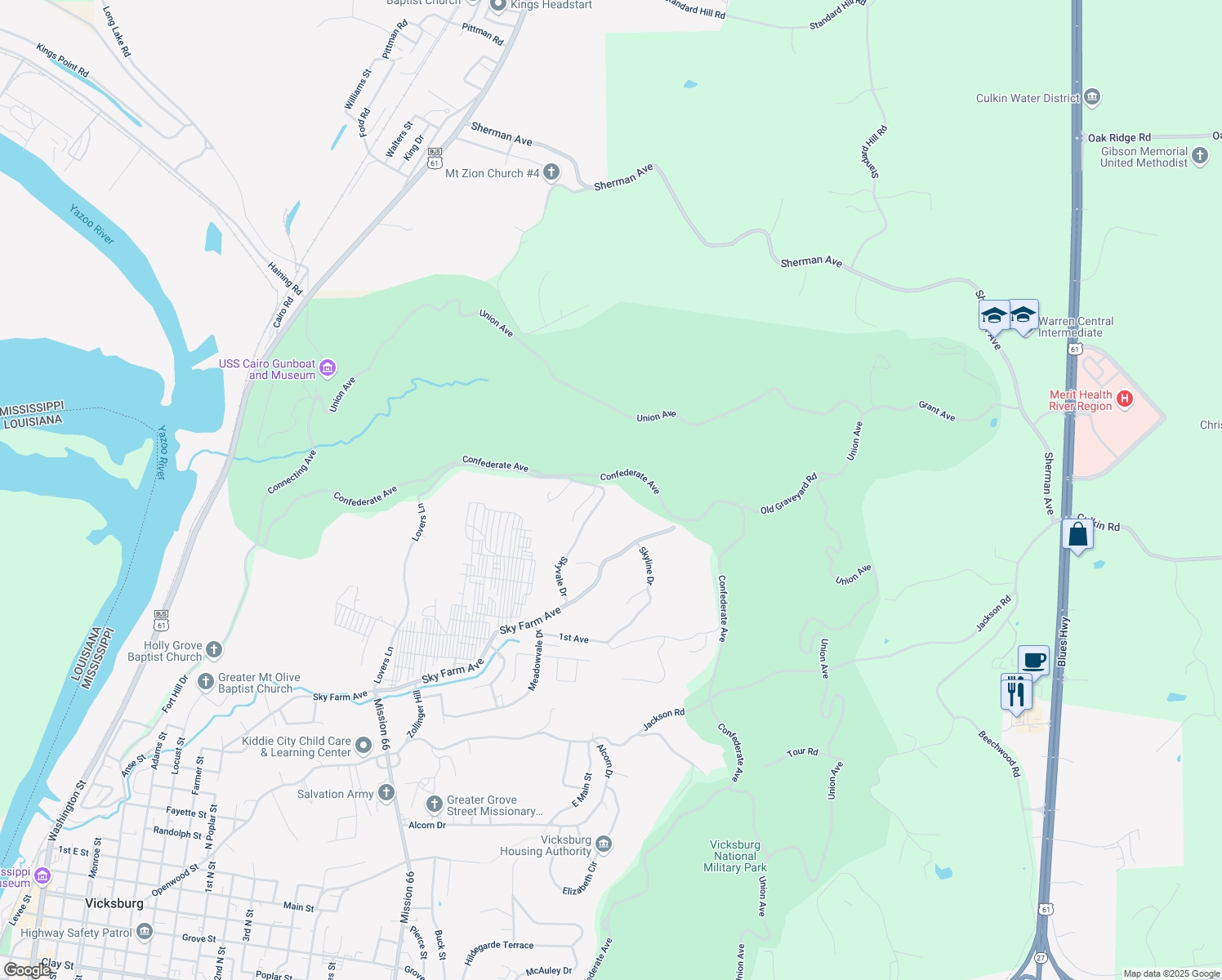map of restaurants, bars, coffee shops, grocery stores, and more near 249 Skyvale Drive in Vicksburg