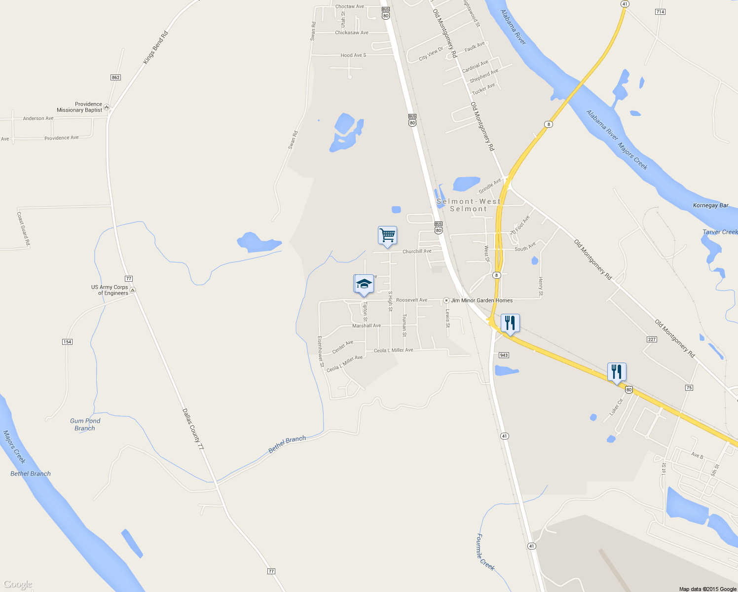 map of restaurants, bars, coffee shops, grocery stores, and more near 1220 Roosevelt Avenue in Selma