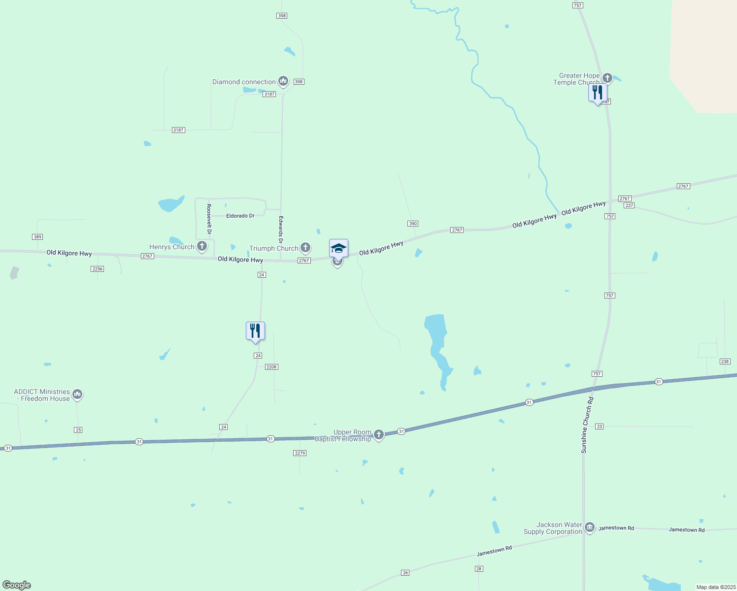 map of restaurants, bars, coffee shops, grocery stores, and more near 2836 Primera Rd in Tyler
