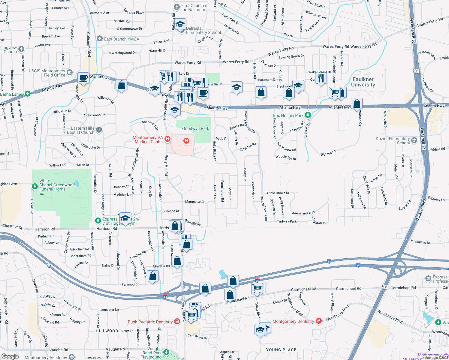map of restaurants, bars, coffee shops, grocery stores, and more near 513 Farmington Road in Montgomery