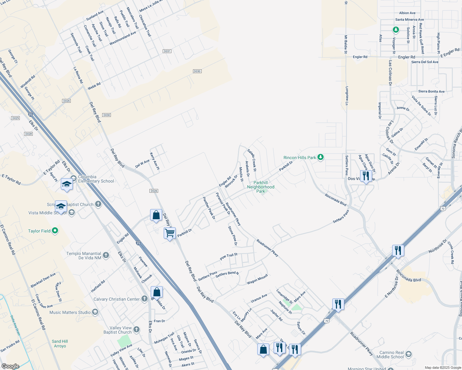 map of restaurants, bars, coffee shops, grocery stores, and more near 4682 Rimrock Drive in Las Cruces