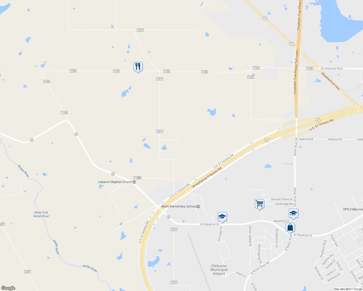 map of restaurants, bars, coffee shops, grocery stores, and more near 2900 County Road 1217 in Cleburne