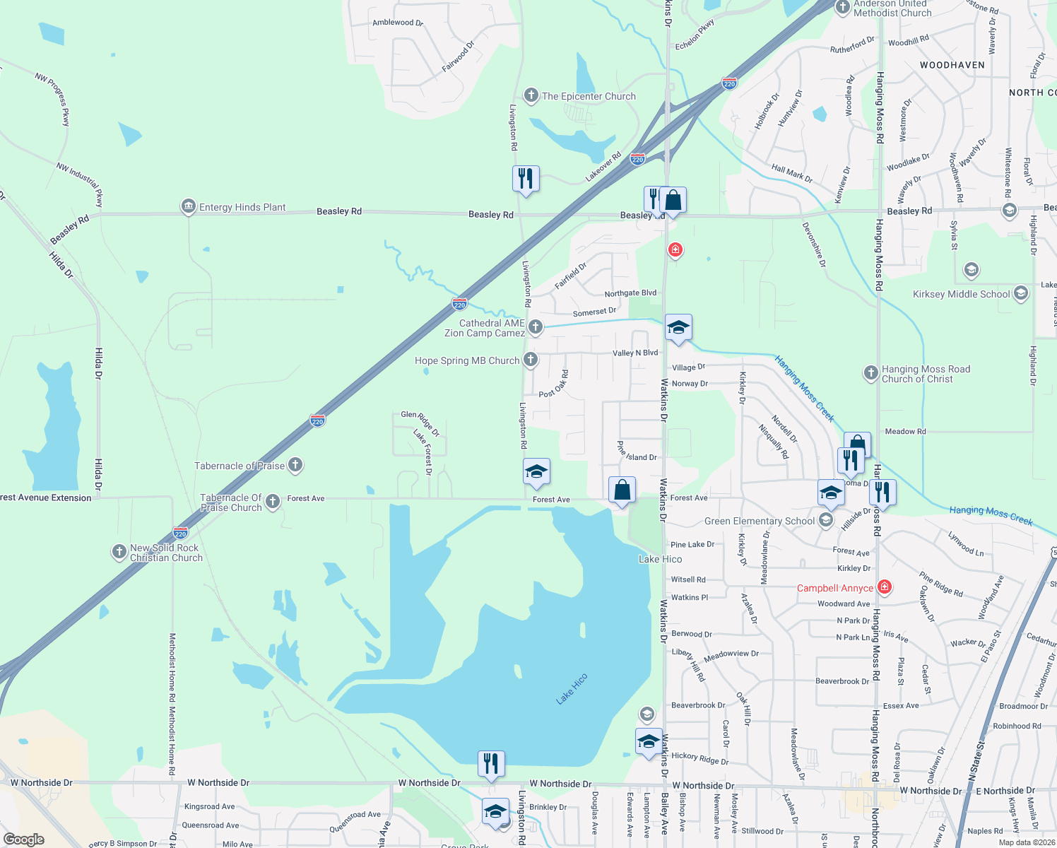 map of restaurants, bars, coffee shops, grocery stores, and more near 170 Malvern Place in Jackson