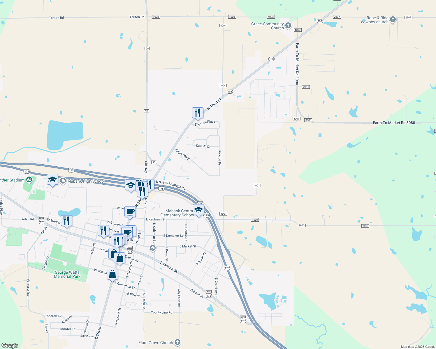 map of restaurants, bars, coffee shops, grocery stores, and more near 328 Rickrod Drive in Mabank