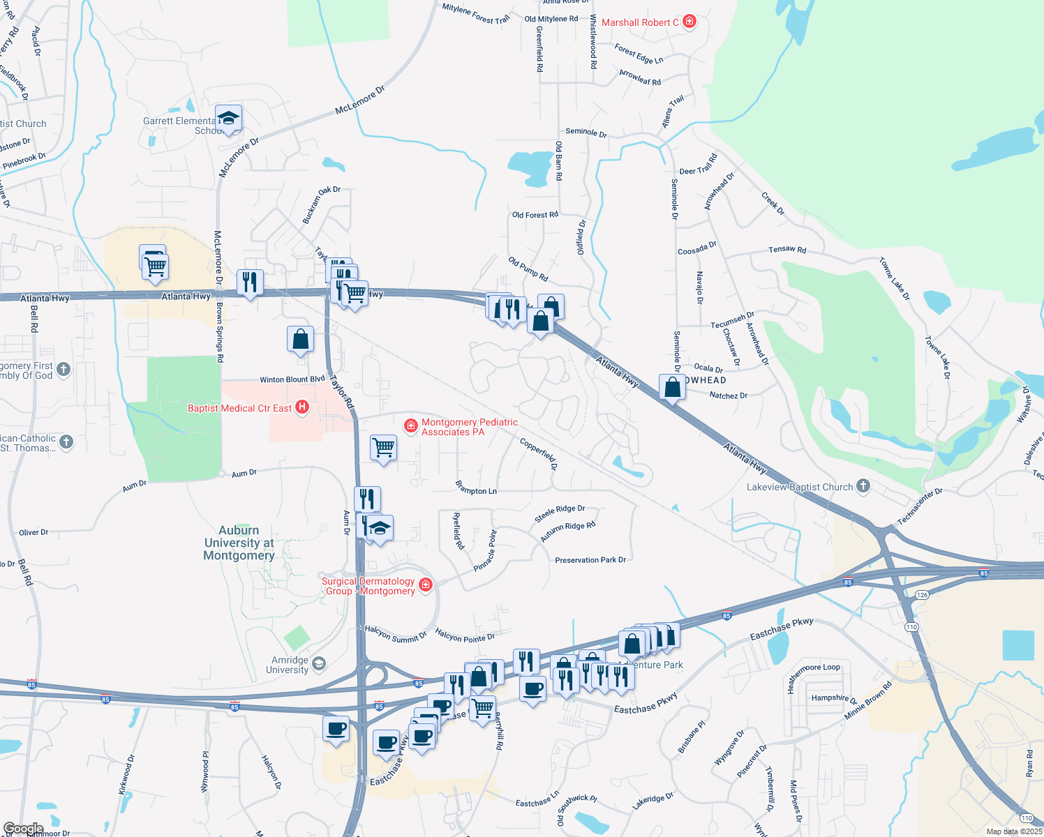 map of restaurants, bars, coffee shops, grocery stores, and more near 8518 Wexford Trce in Montgomery