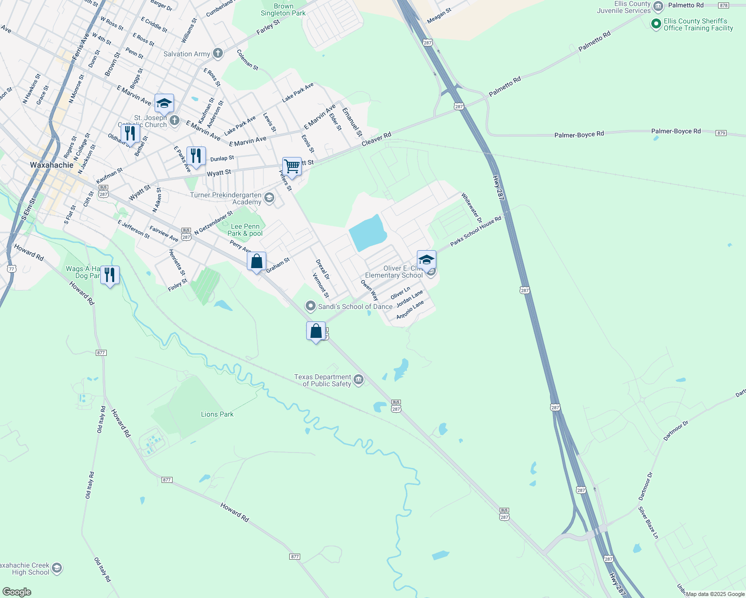 map of restaurants, bars, coffee shops, grocery stores, and more near 104 Owen Way in Waxahachie