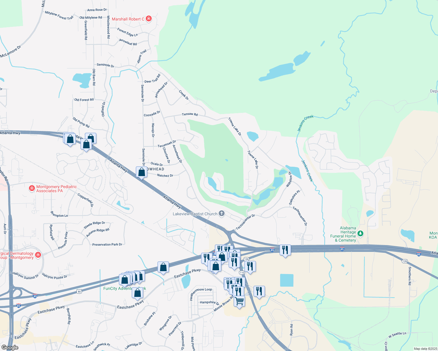 map of restaurants, bars, coffee shops, grocery stores, and more near 364 Green Chase Cir in Montgomery