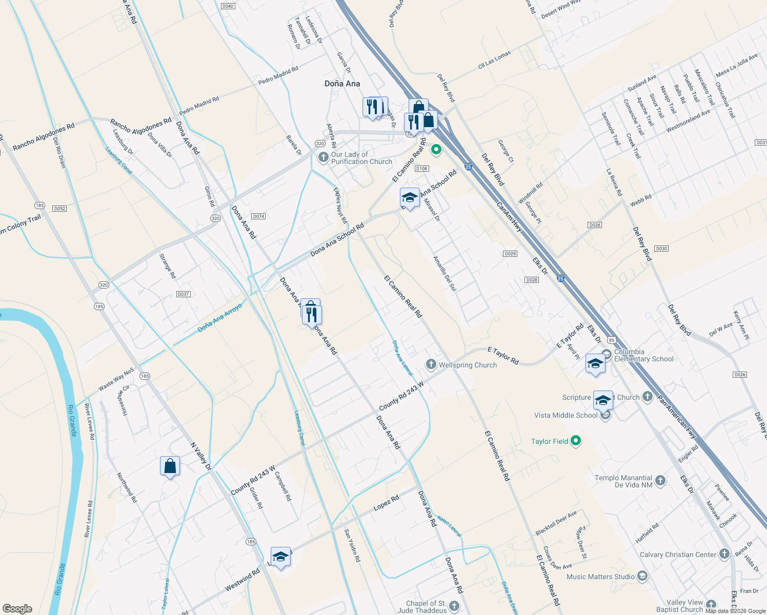 map of restaurants, bars, coffee shops, grocery stores, and more near 298 Rosales Farm Rd in Las Cruces