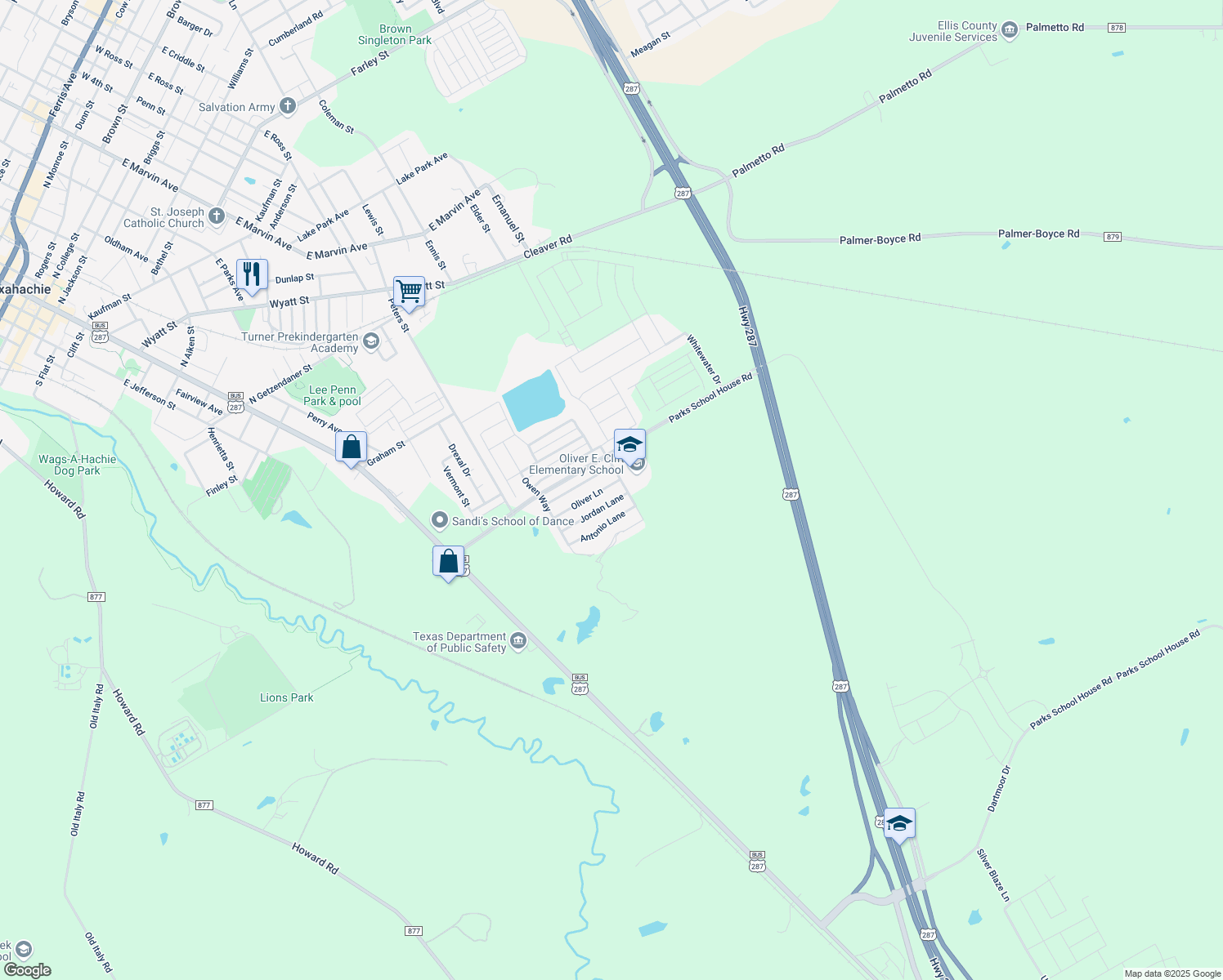 map of restaurants, bars, coffee shops, grocery stores, and more near 634 Oliver Ln in Waxahachie