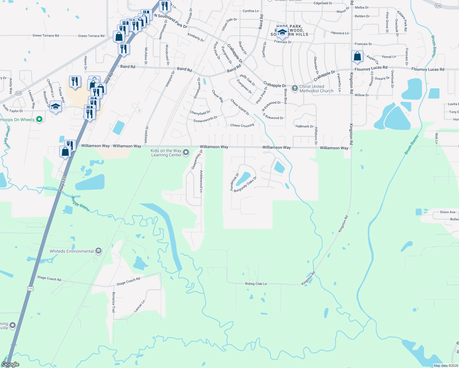 map of restaurants, bars, coffee shops, grocery stores, and more near 2344 Fernbrook Dr in Shreveport