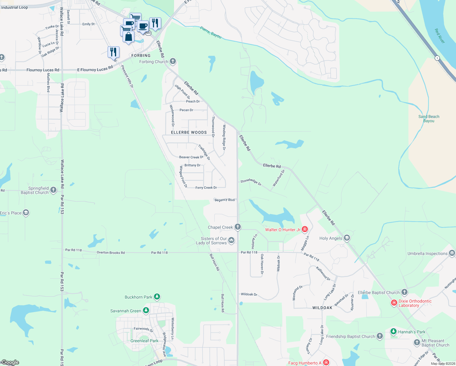 map of restaurants, bars, coffee shops, grocery stores, and more near 10191 Trailridge Drive in Shreveport