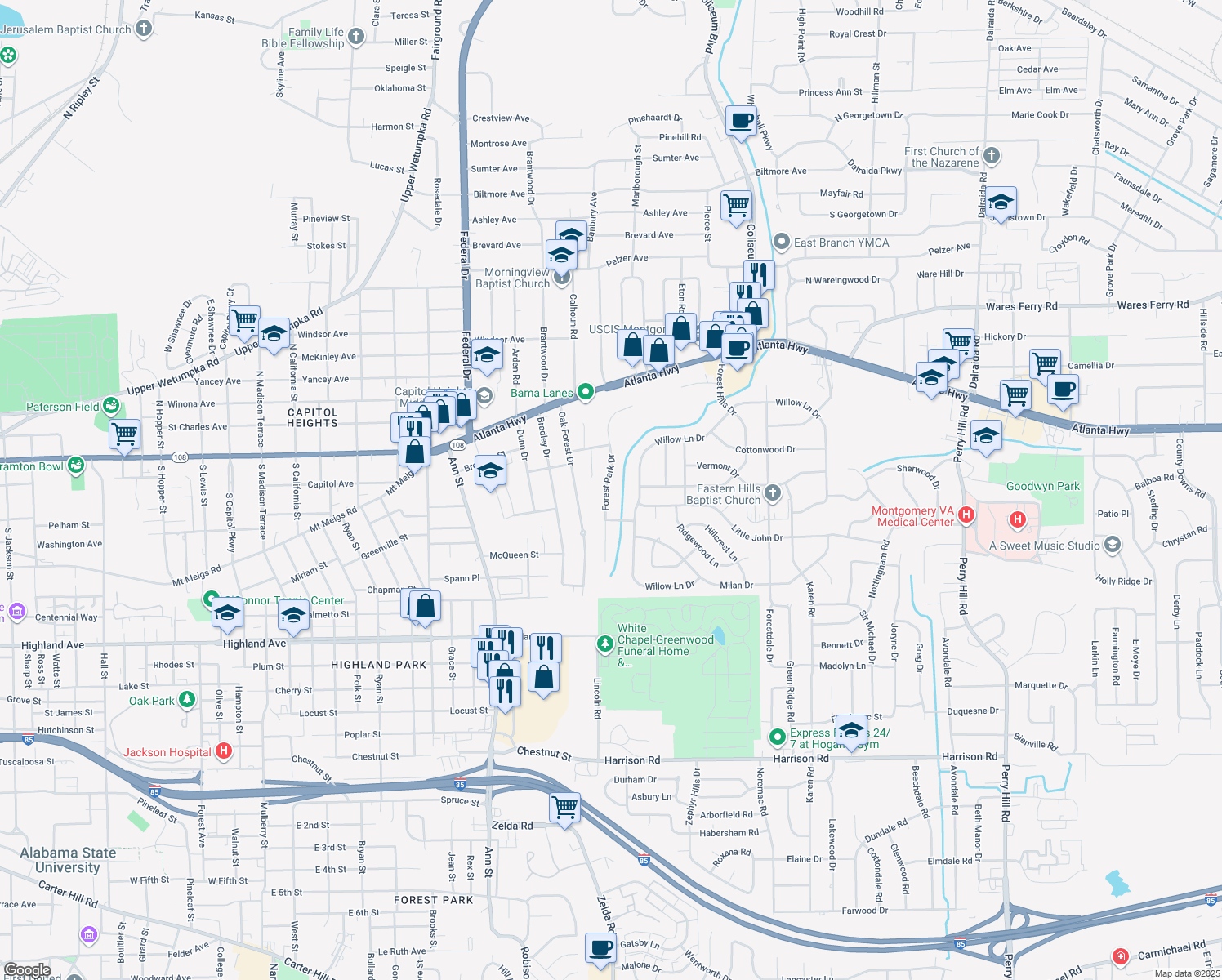 map of restaurants, bars, coffee shops, grocery stores, and more near 447 Forest Park Dr in Montgomery