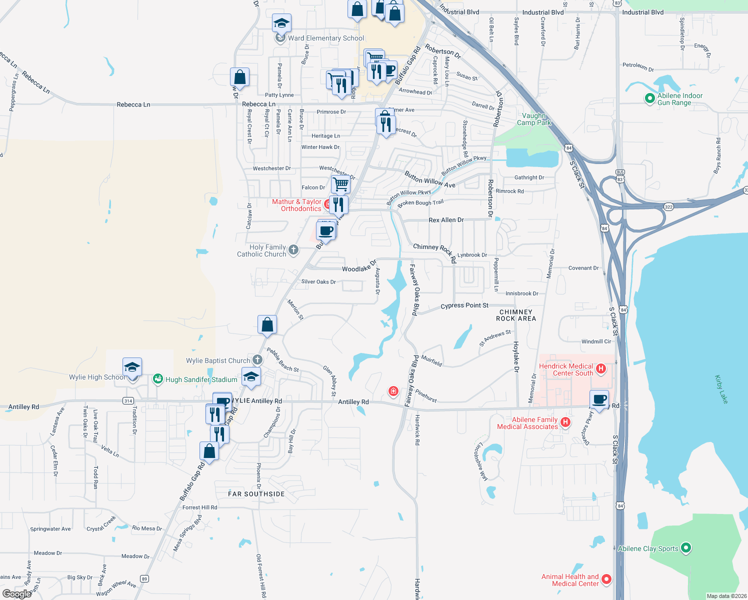 map of restaurants, bars, coffee shops, grocery stores, and more near 18 Augusta Dr in Abilene