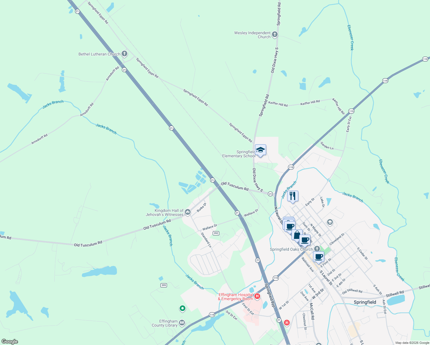 map of restaurants, bars, coffee shops, grocery stores, and more near 126 Paul Edenfield Drive in Springfield