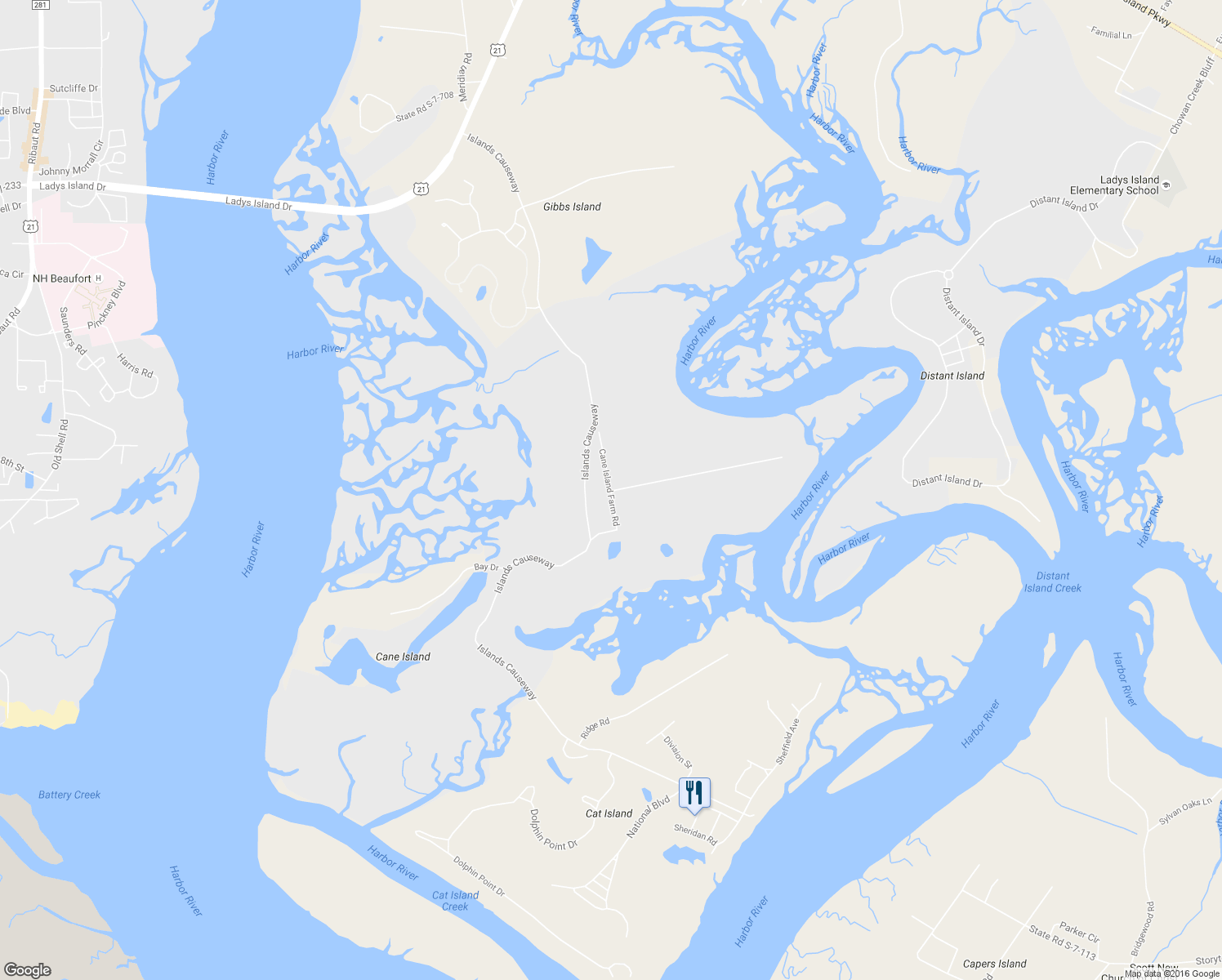 map of restaurants, bars, coffee shops, grocery stores, and more near 5 Cane Island Farm Road in Beaufort
