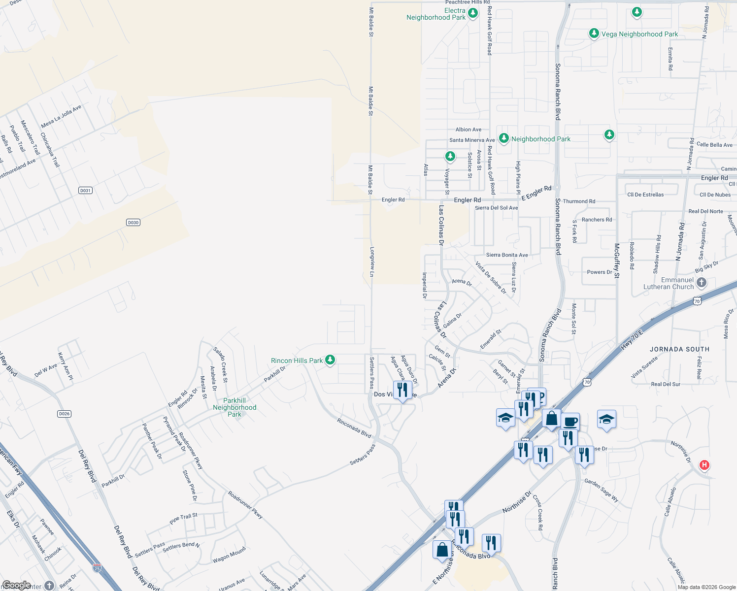 map of restaurants, bars, coffee shops, grocery stores, and more near 5350 Longview Ln in Las Cruces
