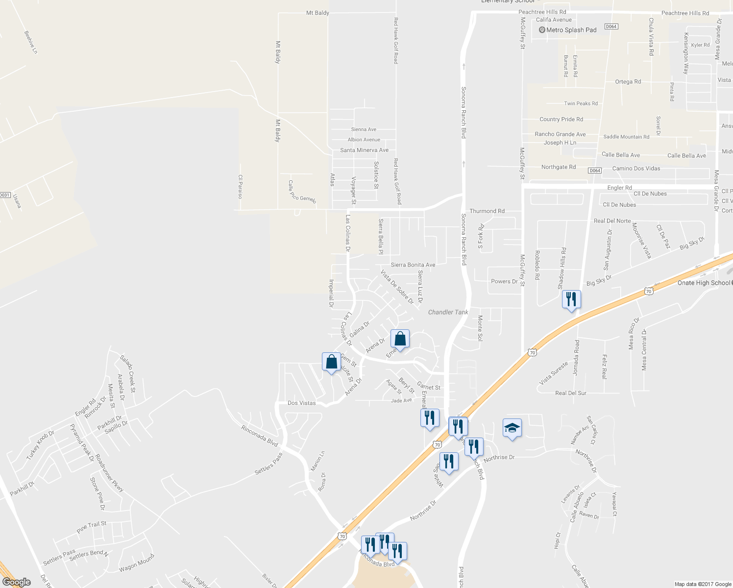 map of restaurants, bars, coffee shops, grocery stores, and more near 5175 Arena Drive in Las Cruces