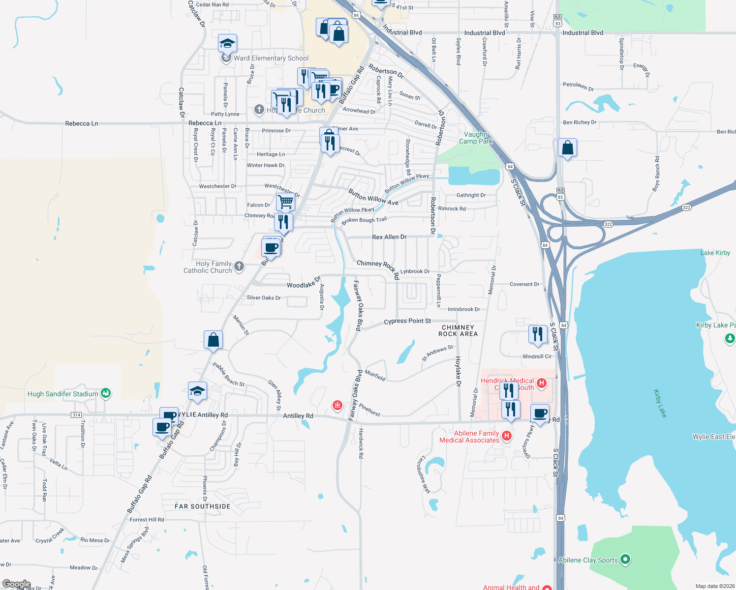 map of restaurants, bars, coffee shops, grocery stores, and more near 5402 Knollwood Dr in Abilene