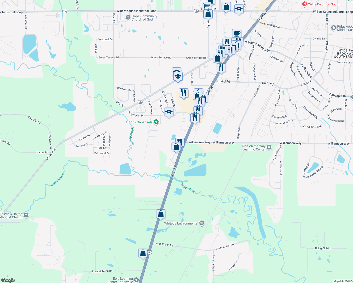 map of restaurants, bars, coffee shops, grocery stores, and more near 3112 New Moon Dr in Shreveport