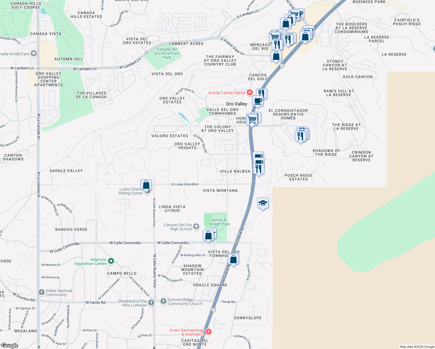 map of restaurants, bars, coffee shops, grocery stores, and more near 19 East Sunridge Place in Oro Valley