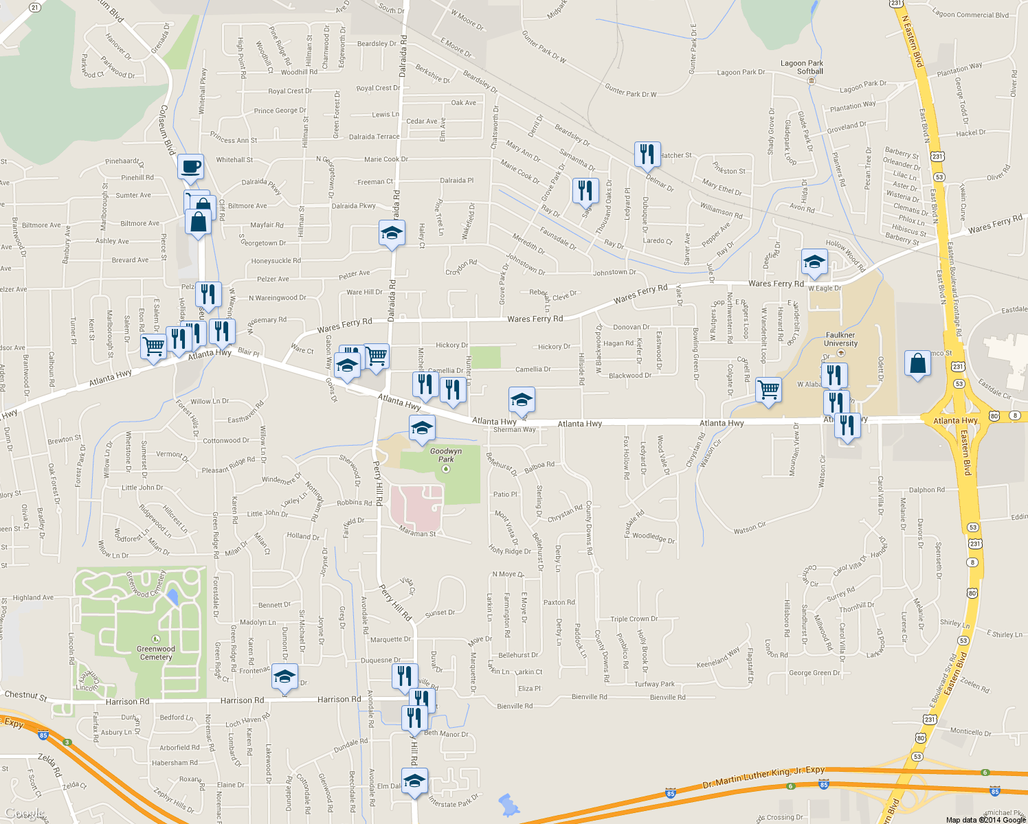 map of restaurants, bars, coffee shops, grocery stores, and more near 10 Van Allen Dr in Montgomery