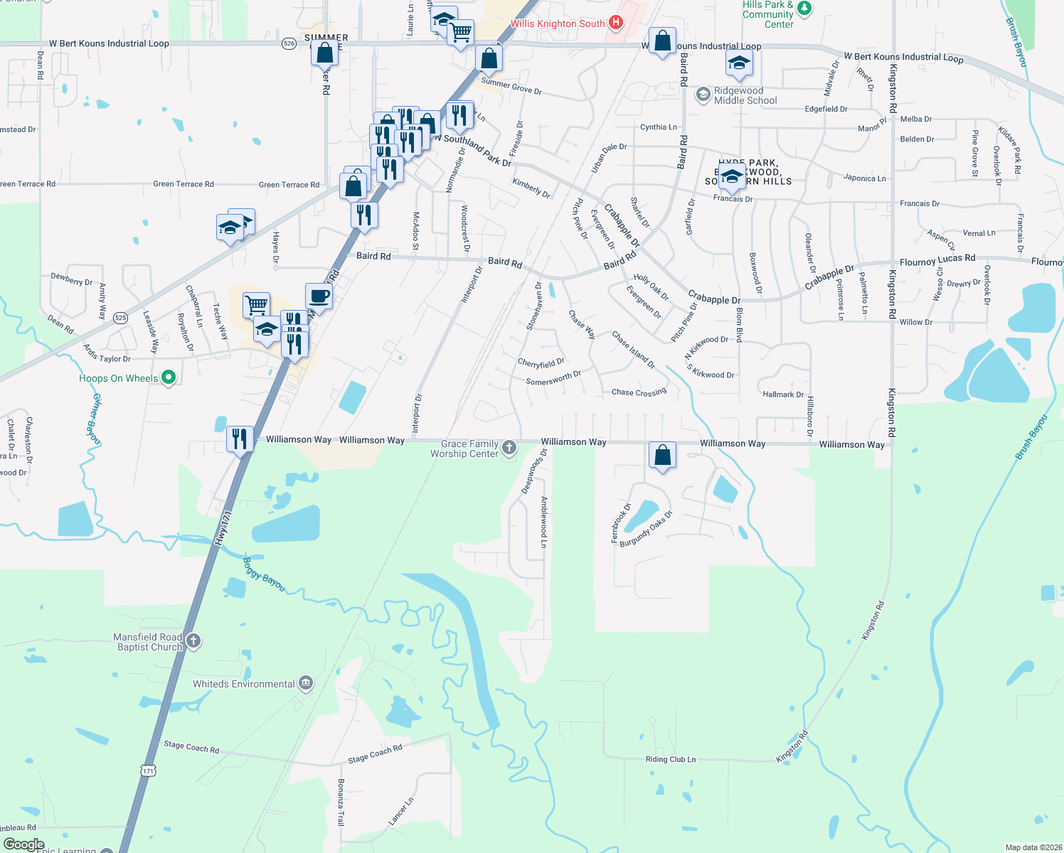 map of restaurants, bars, coffee shops, grocery stores, and more near 2534 Williamson Way in Shreveport