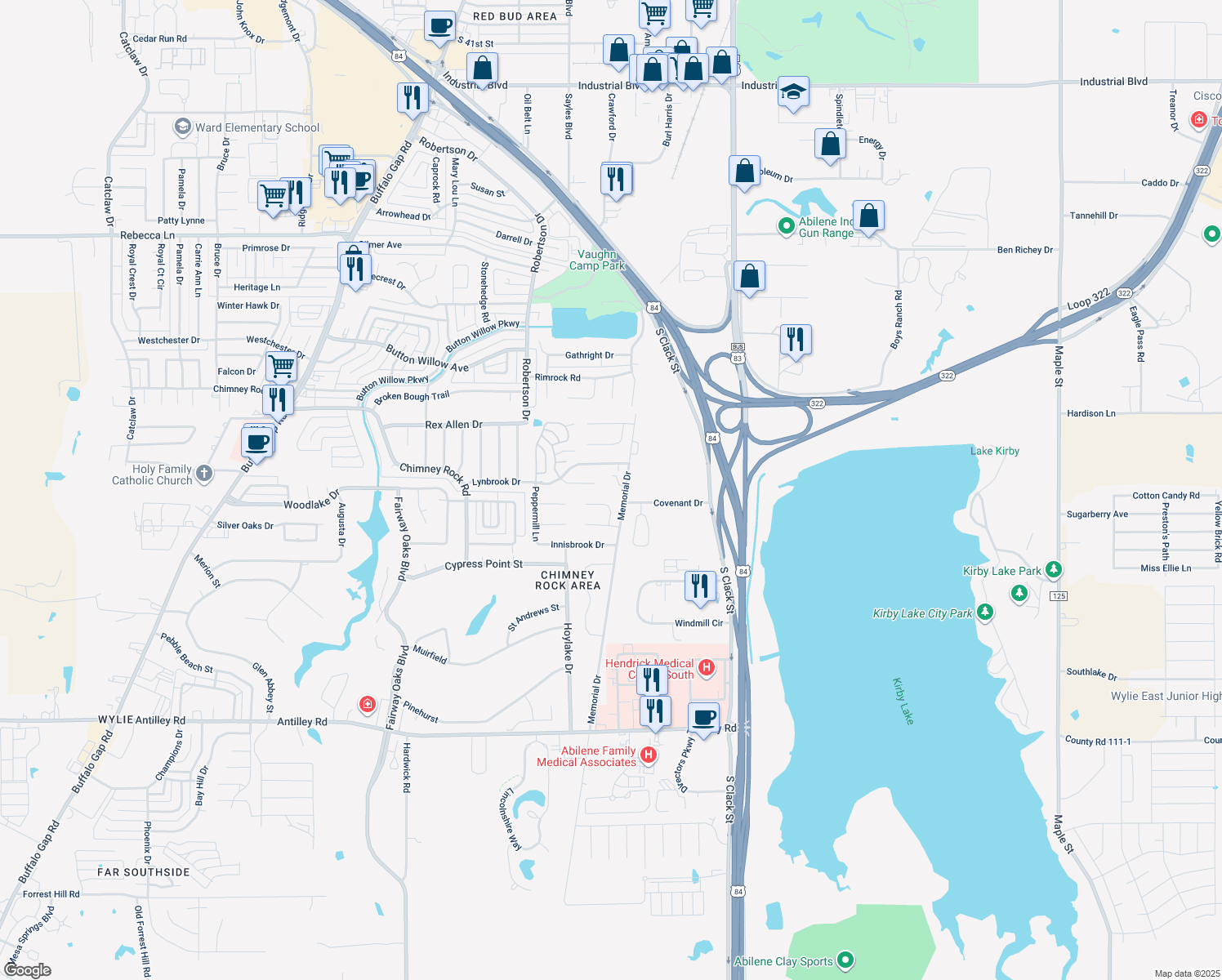 map of restaurants, bars, coffee shops, grocery stores, and more near 2301 Hilton Head in Abilene