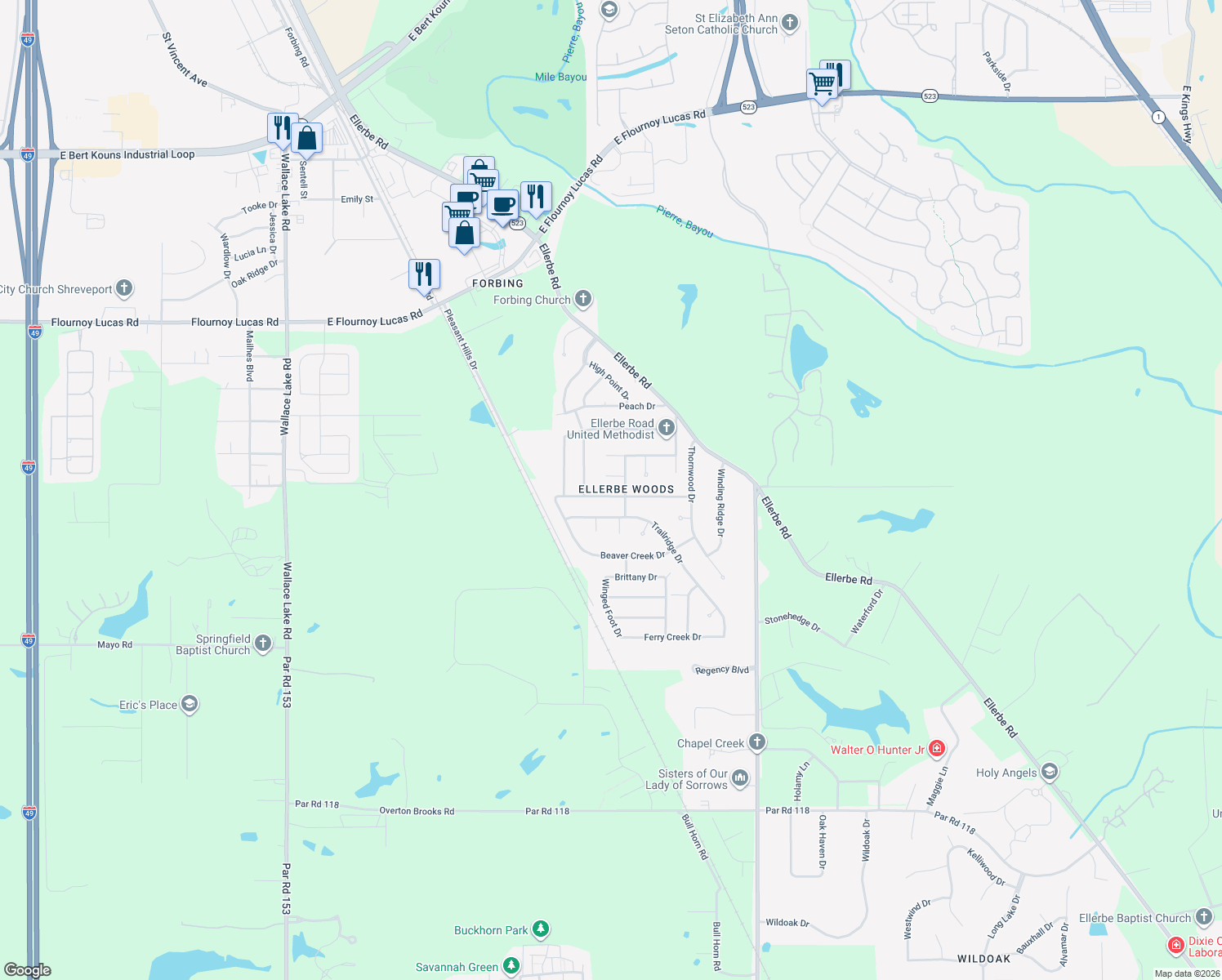 map of restaurants, bars, coffee shops, grocery stores, and more near 311 Hidden Hollow Dr in Shreveport