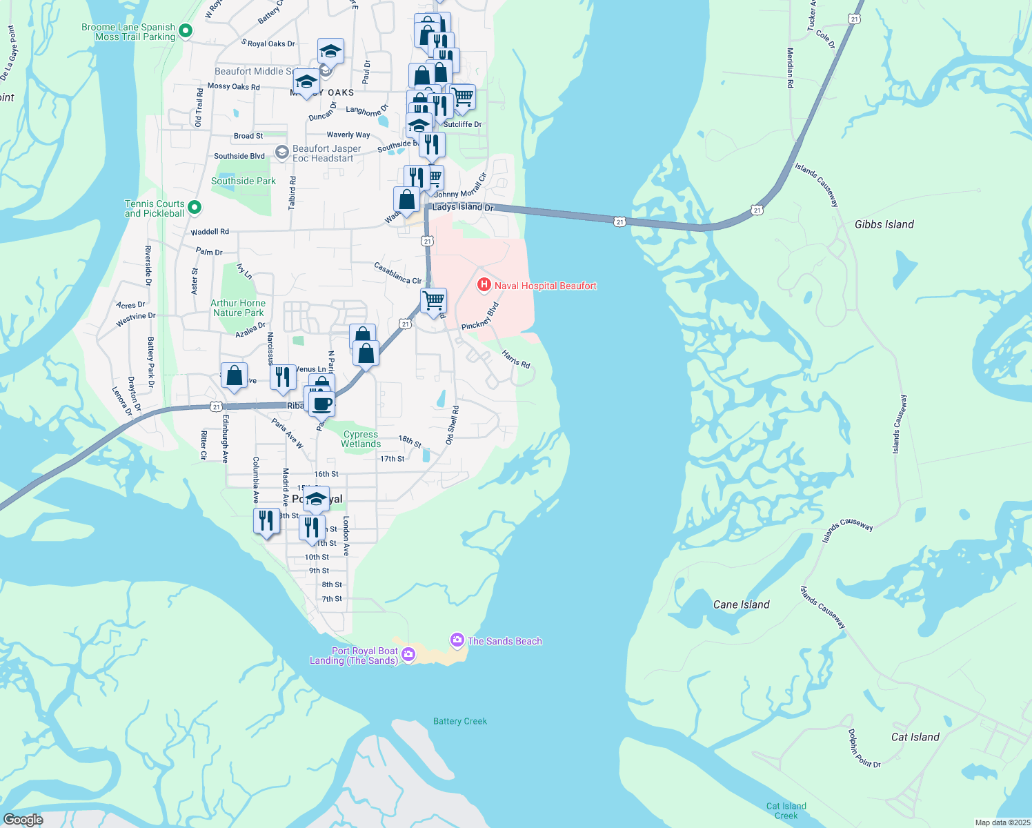 map of restaurants, bars, coffee shops, grocery stores, and more near 638 Fort Frederick Cir in Port Royal
