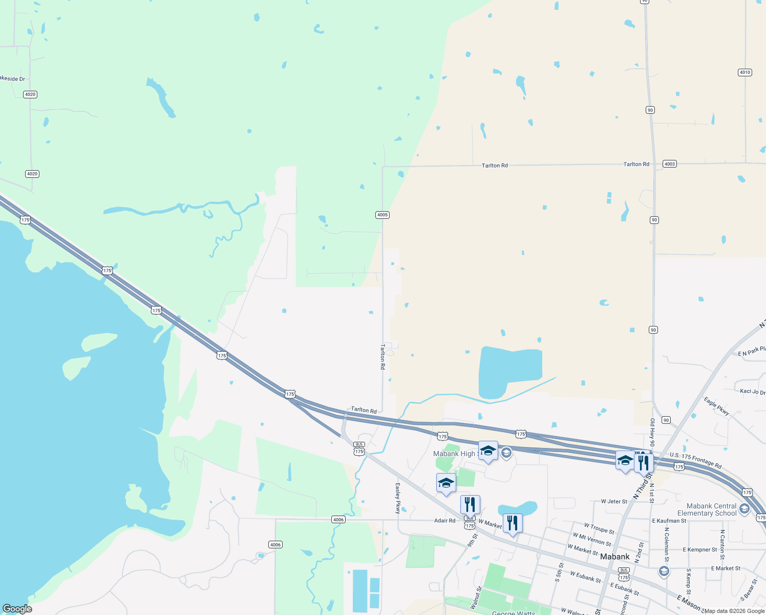 map of restaurants, bars, coffee shops, grocery stores, and more near County Road 4005 in Mabank