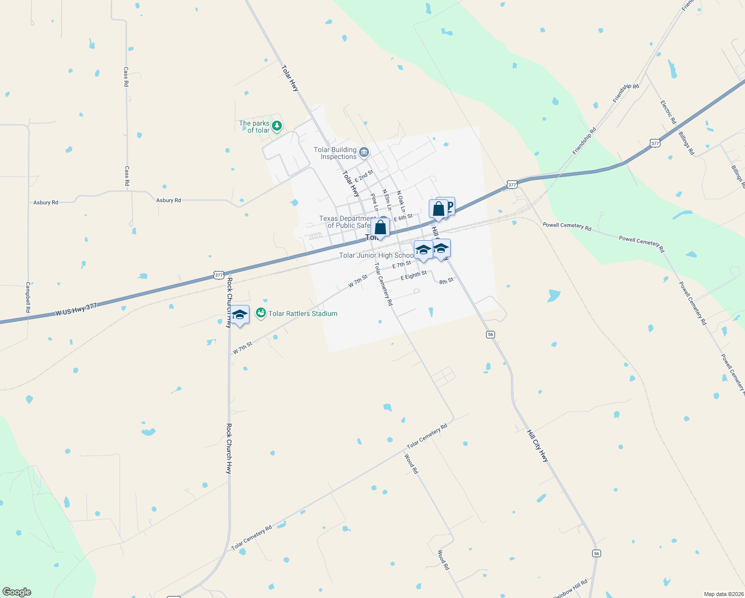 map of restaurants, bars, coffee shops, grocery stores, and more near 500 Tolar Cemetery Rd in Tolar