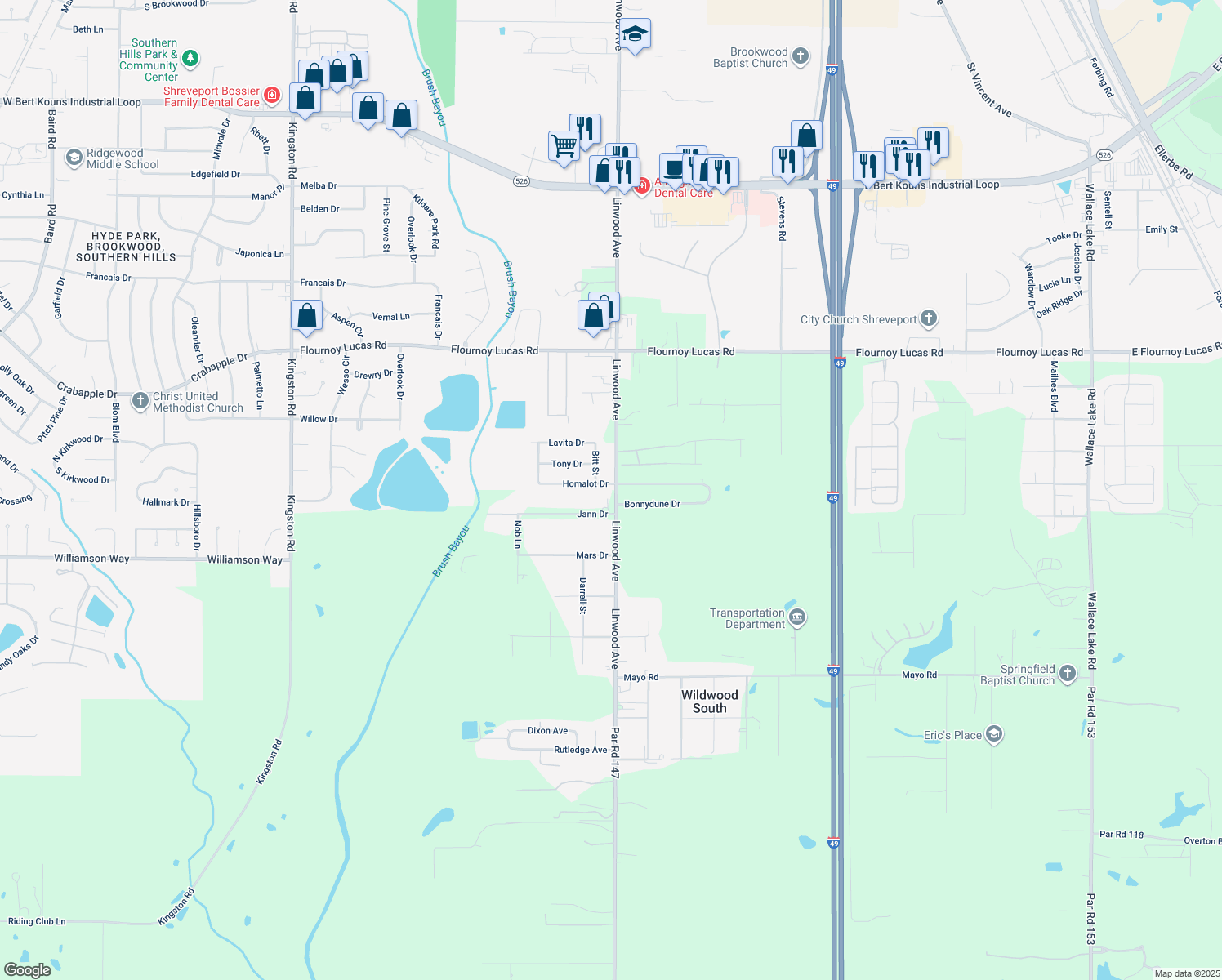 map of restaurants, bars, coffee shops, grocery stores, and more near 401 Homalot Drive in Shreveport