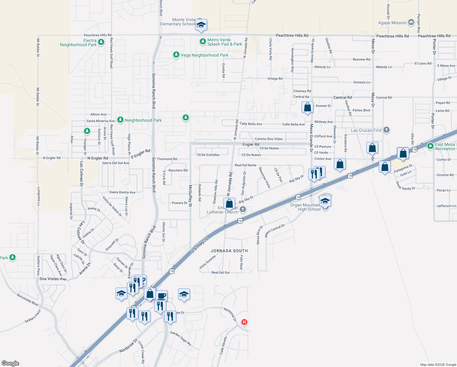 map of restaurants, bars, coffee shops, grocery stores, and more near 5981 N Jornada Rd in Las Cruces