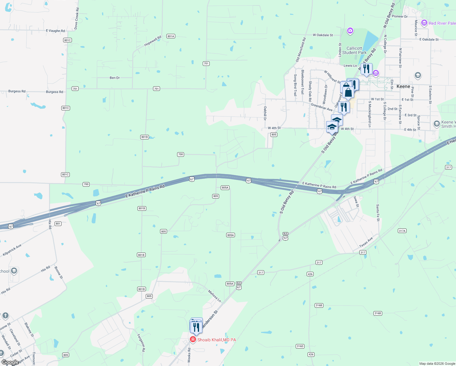 map of restaurants, bars, coffee shops, grocery stores, and more near 714 County Road 805A in Cleburne