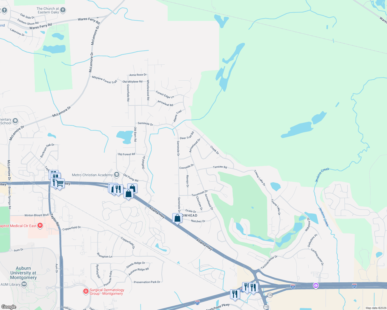 map of restaurants, bars, coffee shops, grocery stores, and more near 414 Arrowhead Dr in Montgomery
