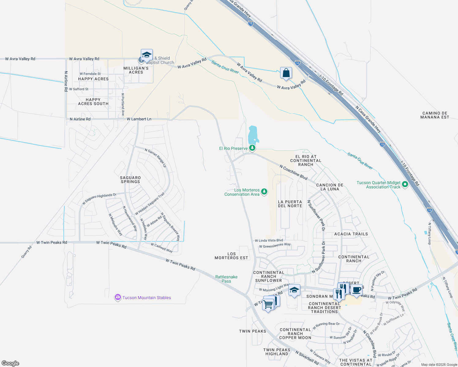 map of restaurants, bars, coffee shops, grocery stores, and more near 9971 North Silverbell Road in Tucson