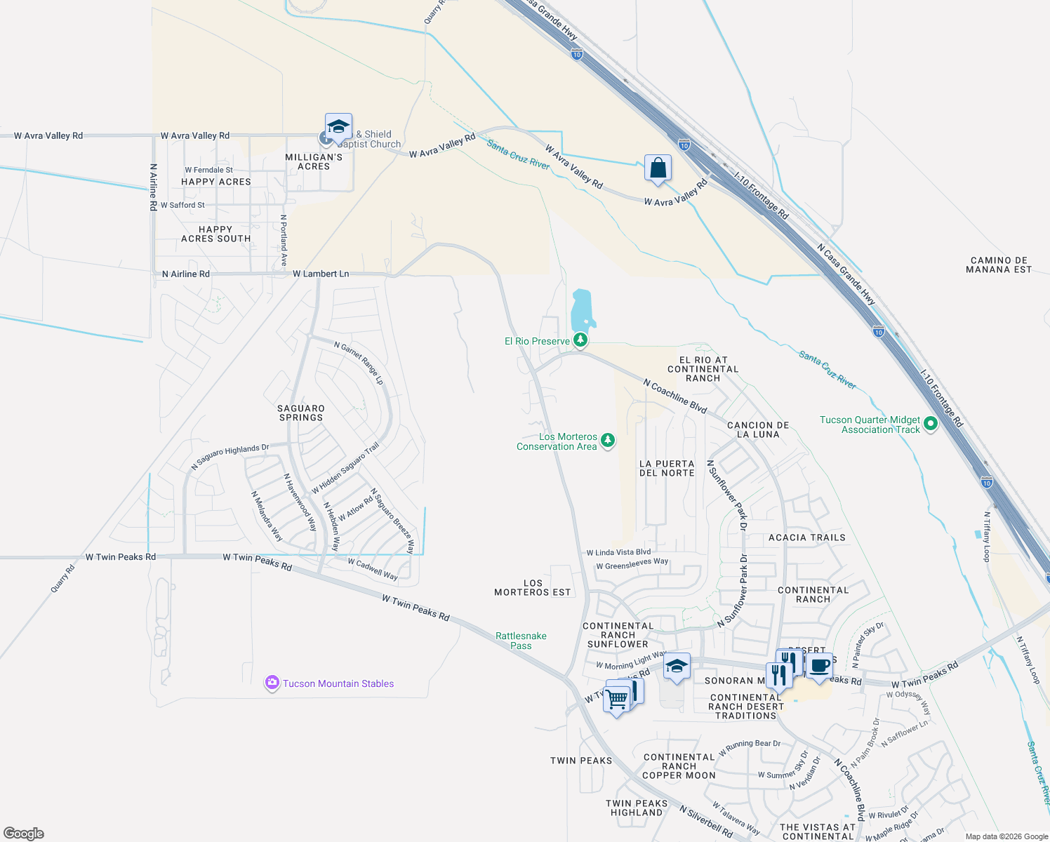 map of restaurants, bars, coffee shops, grocery stores, and more near 9971 North Silverbell Road in Tucson