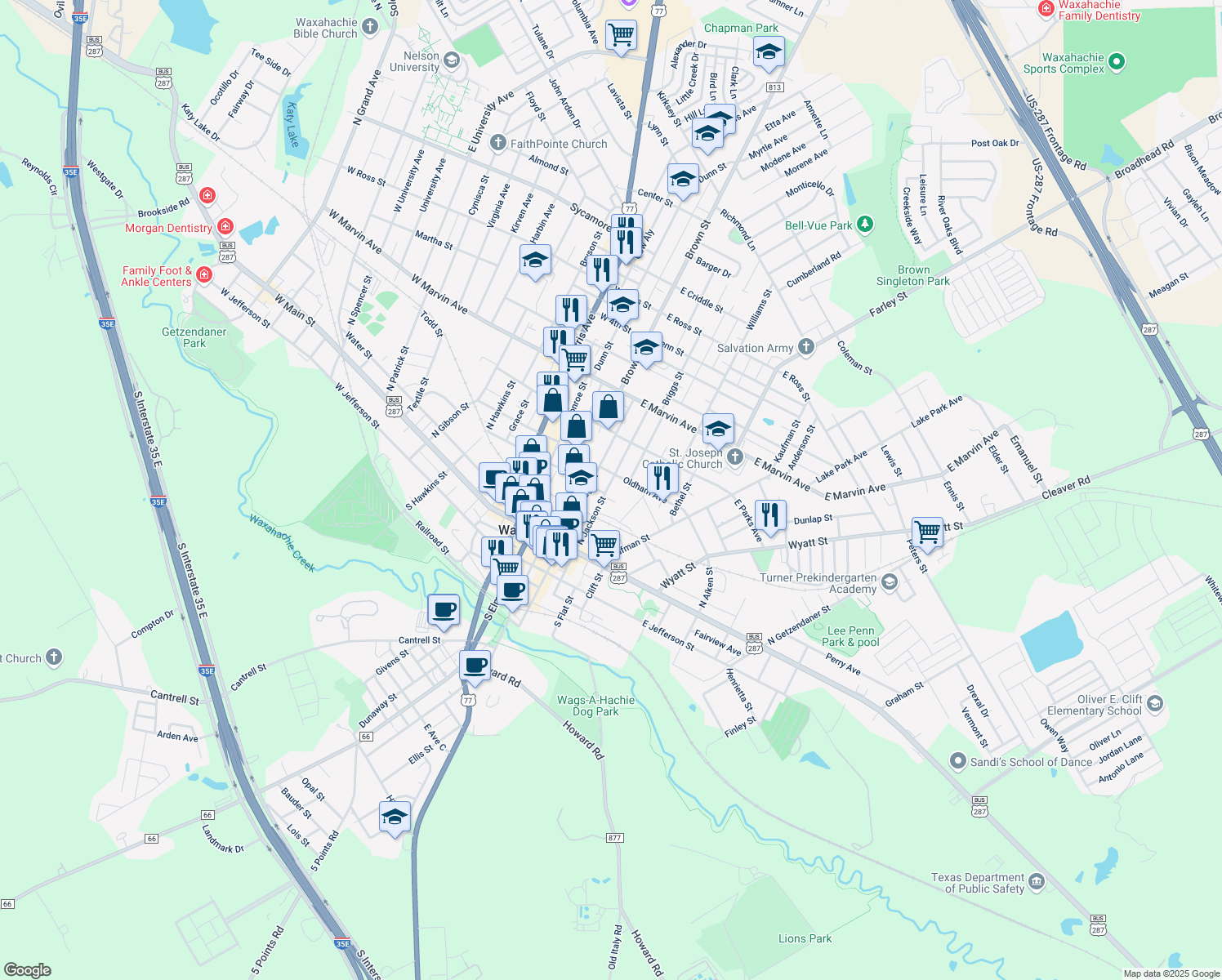 map of restaurants, bars, coffee shops, grocery stores, and more near 404 N Jackson St in Waxahachie