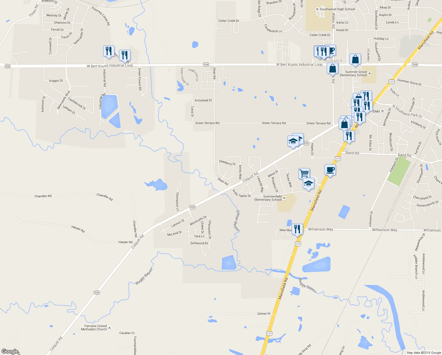 map of restaurants, bars, coffee shops, grocery stores, and more near 9442 West Montego Lane in Shreveport