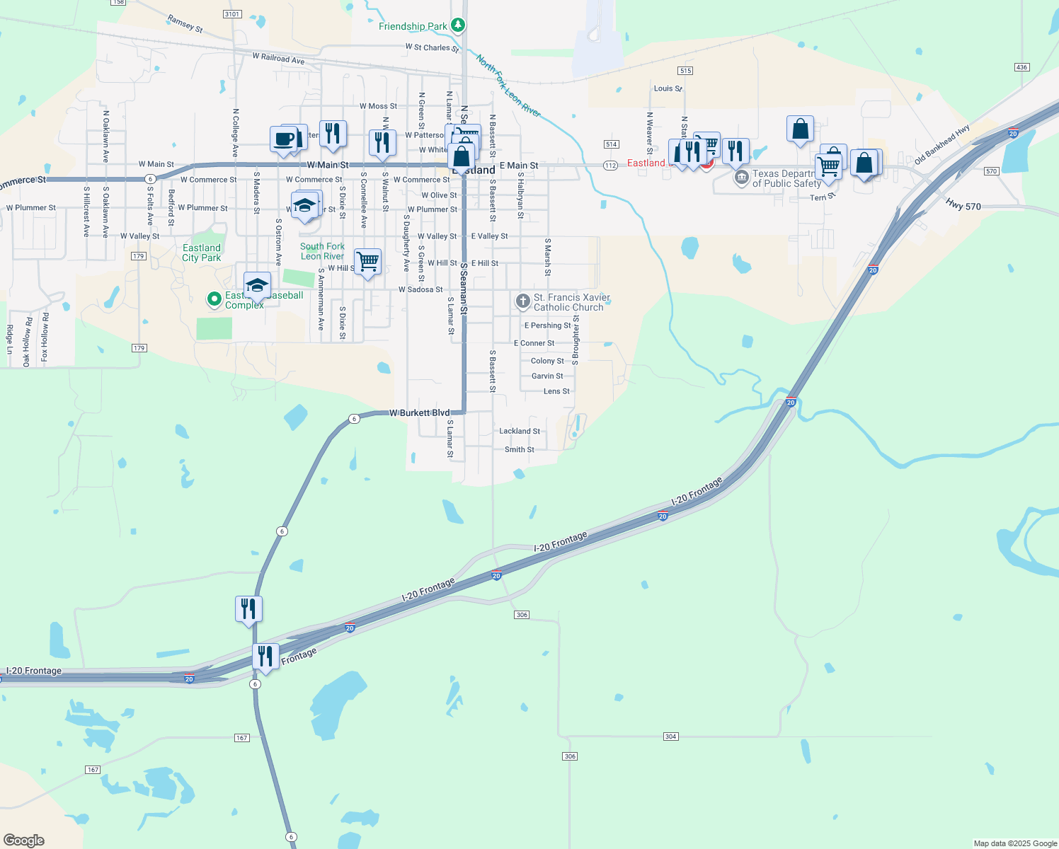 map of restaurants, bars, coffee shops, grocery stores, and more near 1300 Slay Street in Eastland