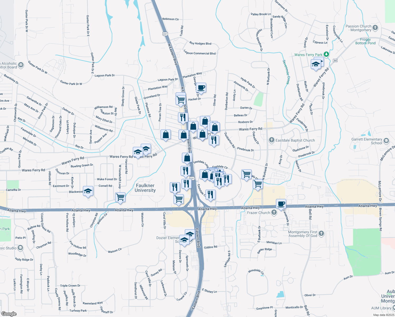 map of restaurants, bars, coffee shops, grocery stores, and more near 500 Eastdale Loop in Montgomery