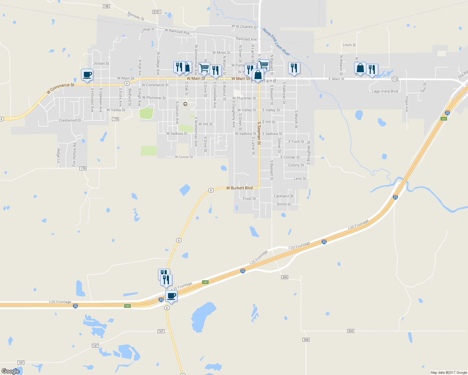 map of restaurants, bars, coffee shops, grocery stores, and more near 1210 South Daugherty Avenue in Eastland