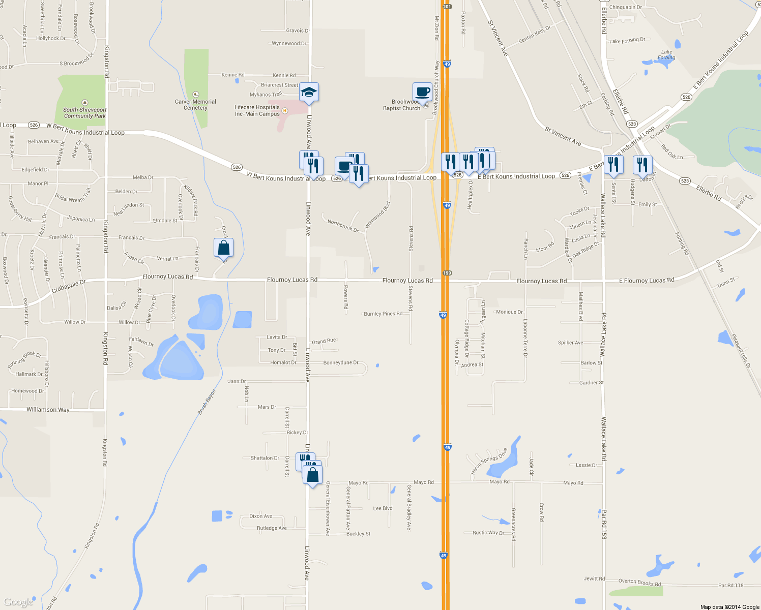 map of restaurants, bars, coffee shops, grocery stores, and more near 340 Burnley Pines Rd in Shreveport