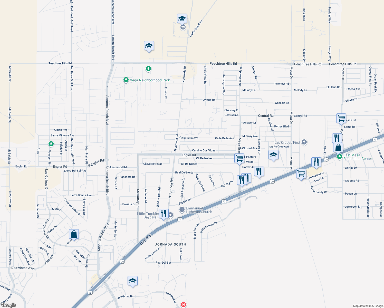map of restaurants, bars, coffee shops, grocery stores, and more near Engler Road in Las Cruces