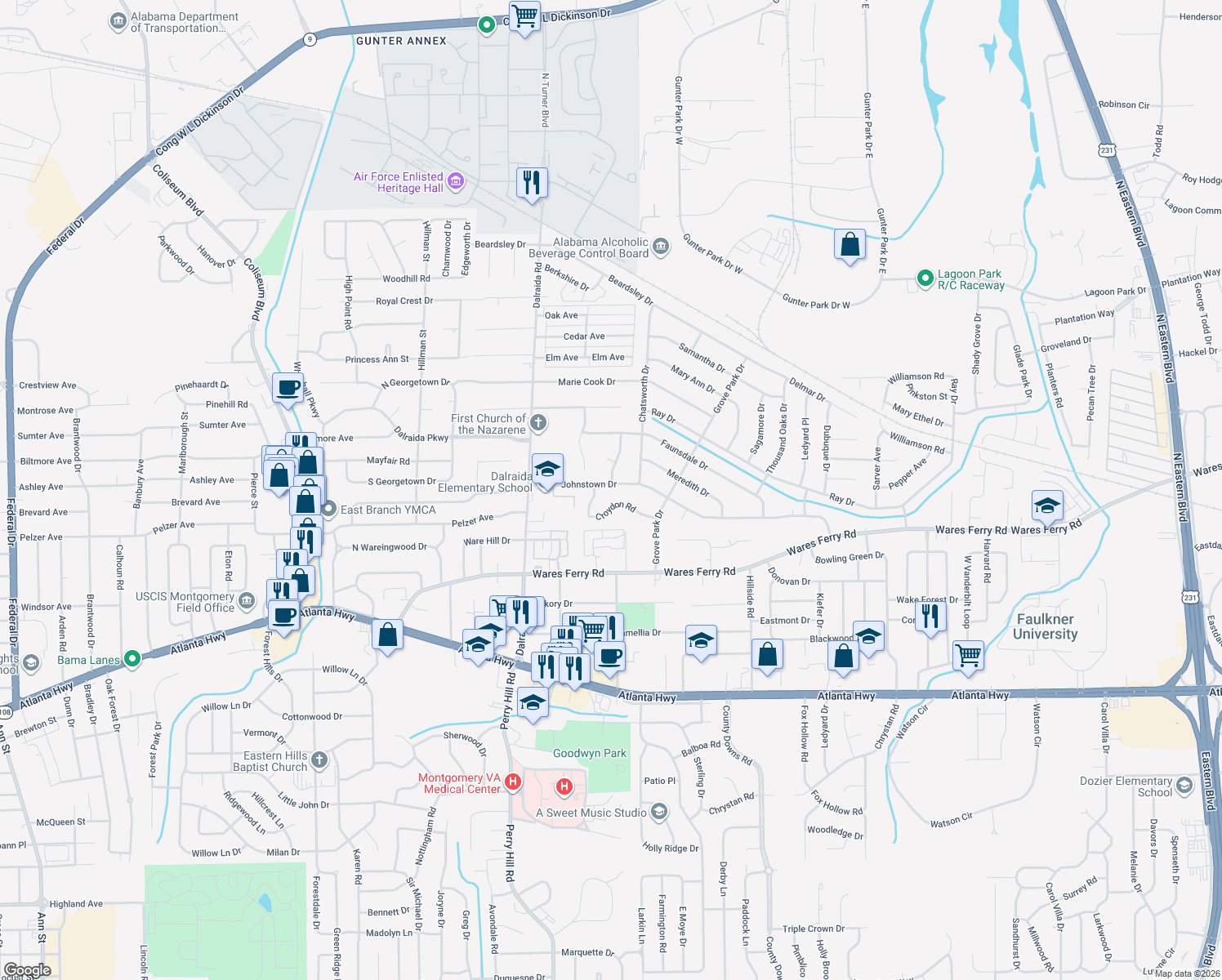 map of restaurants, bars, coffee shops, grocery stores, and more near 3914 Johnstown Dr in Montgomery