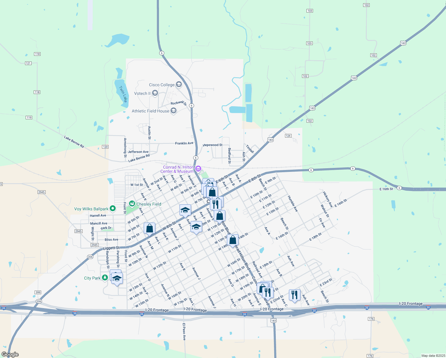 map of restaurants, bars, coffee shops, grocery stores, and more near 300 East 6th Street in Cisco