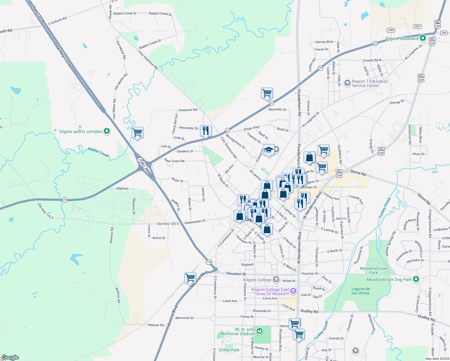 map of restaurants, bars, coffee shops, grocery stores, and more near 203 3rd Ave in Kilgore
