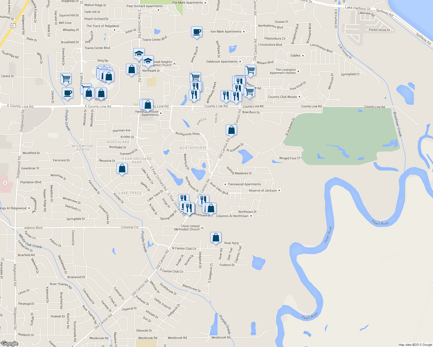 map of restaurants, bars, coffee shops, grocery stores, and more near 111 Rolling Creek Drive in Jackson