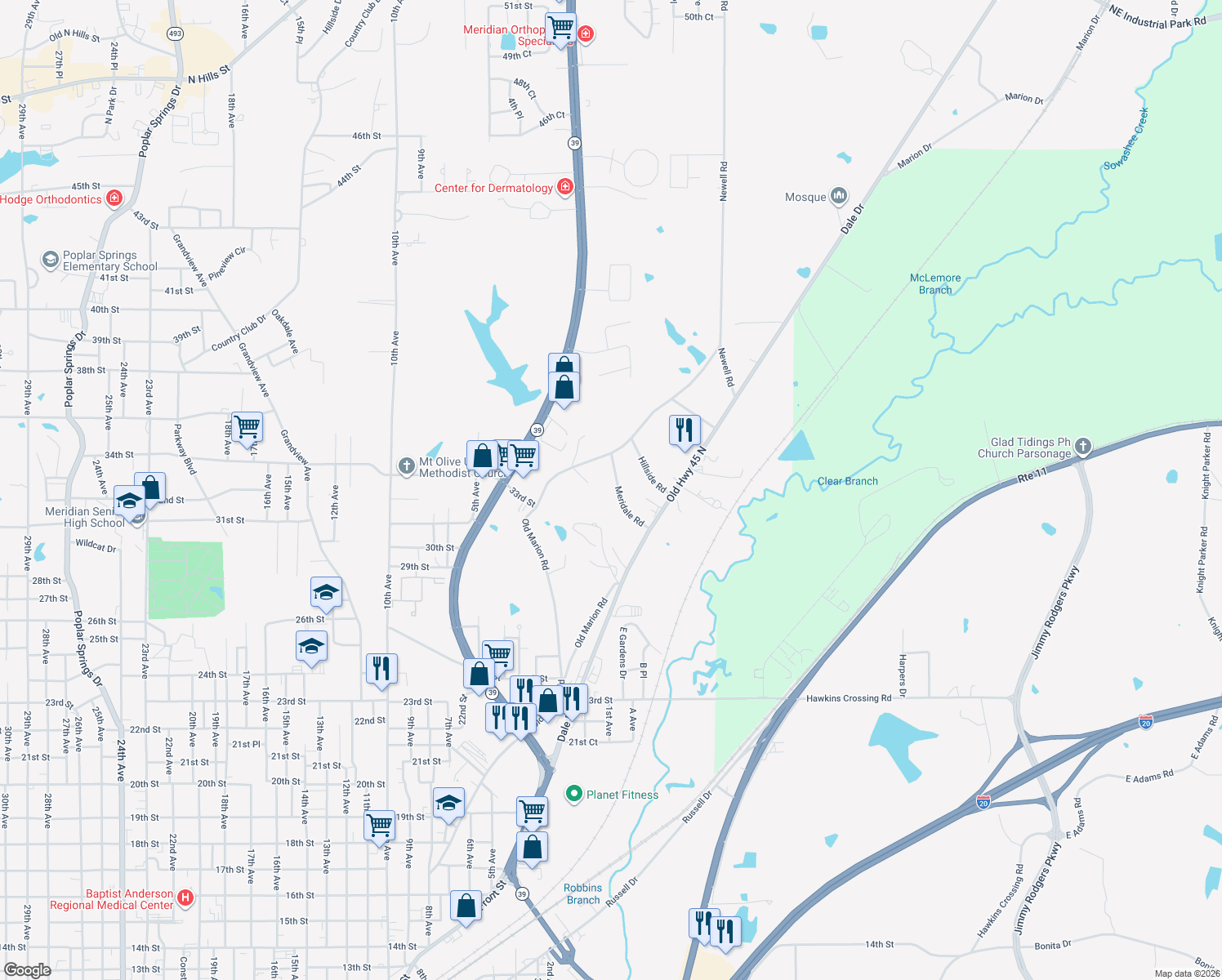 map of restaurants, bars, coffee shops, grocery stores, and more near 3303 Meridale Rd in Meridian